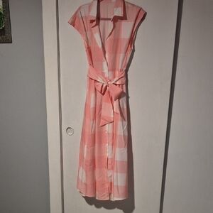 Pink and White Gingham Midi Shirt Dress with Waist Tie